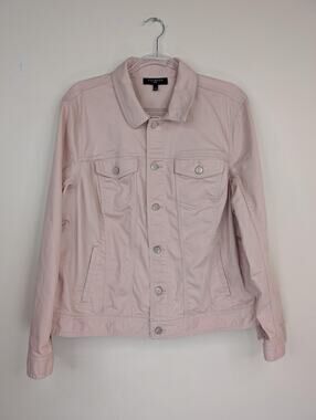 Talbots Plus Women 1X Pink Denim Trucker Jacket Stretch Cotton Classic Pockets